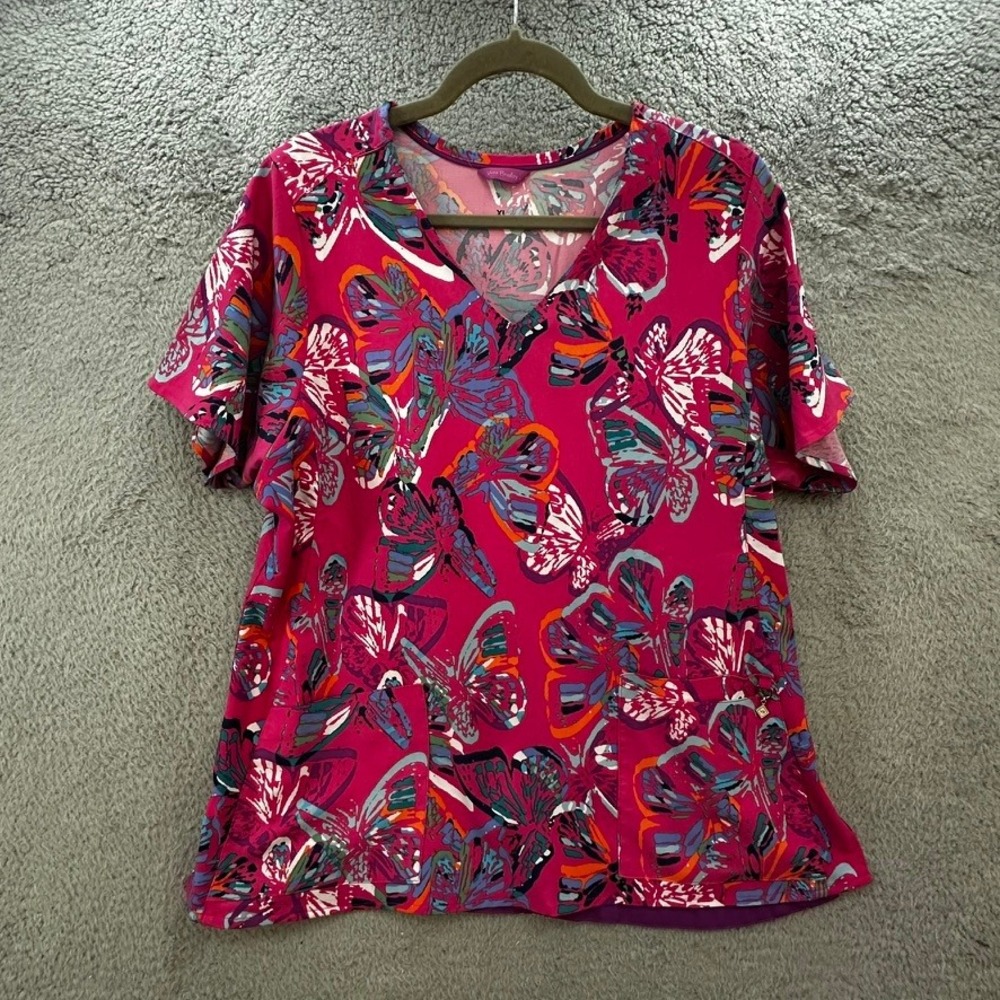 Vera Bradley Women's XLPink Butterfly Print Scrub Top V-Neck Short Sleeve